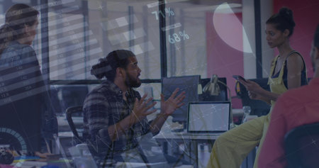 Image of statistics and financial data processing over diverse business people in office. Global...