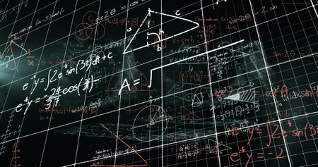 Image of math formulas over checked background and black space. Science, math, digital interface and technology concept digitally generated image.の写真素材