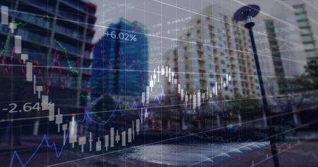 Image of financial data processing over cityscape. Global science, connections, data processing and...