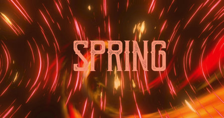 Image of spring over black background witg flames and lights moving fast. Spring, communication and movement concept digitally generated image.の写真素材