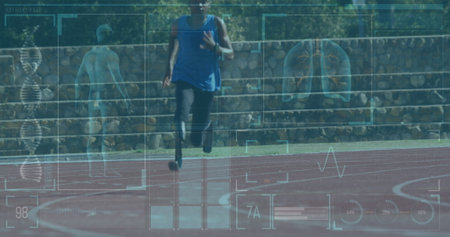 Image of data on digital screen over african american man with running blade training. Sport, active lifestyle with disability and data processing concept digitally generated image.の写真素材