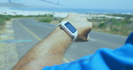 Image of data processing on digital screen over hands of caucasian man using smartwatch. Active...