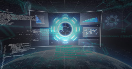 Image of data processing over globe. Global business and digital interface concept digitally...