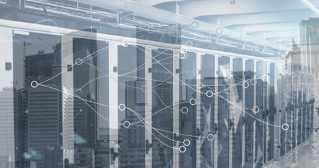 Image of network of connections over server room and cityscape. Global technology and digital...