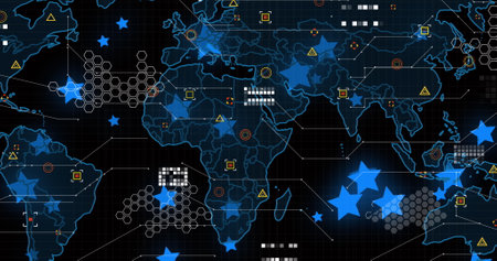 Digital image of blue star icons over data processing and world map against black background. Global...