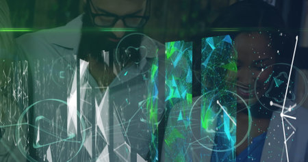 Image of shapes and digital screens over diverse coworkers in office. Business, network, connections...