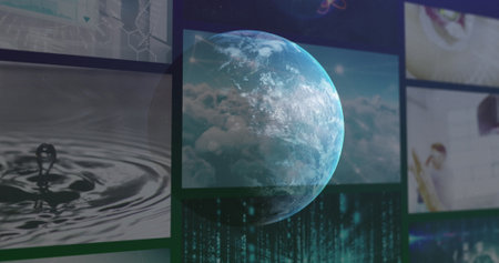 Image of data processing over globe. Global business and digital interface concept digitally generated image.の写真素材