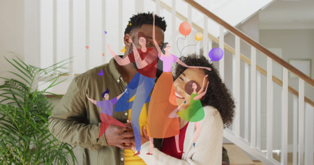 Image of family icon over happy african american couple holding hands. International week of...