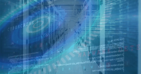 Image of data processing over server room. Data processing, computers, network and technology...