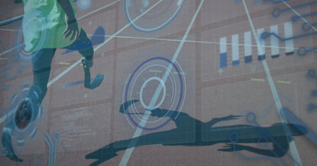 Image of data processing over disabled african american male runner. Global sport and digital interface concept digitally generated image.の写真素材