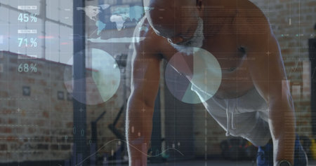 Image of digital interface over african american men exercising. Global sports, digital interface and data processing concept digitally generated image.の写真素材