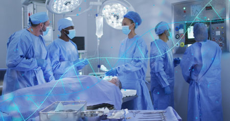 Image of dna strand over diverse surgeons during surgery. Global medicine and digital interface...