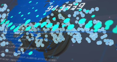 Image of data processing over network of connections. Global connections, computing and digital interface concept digitally generated image.の写真素材