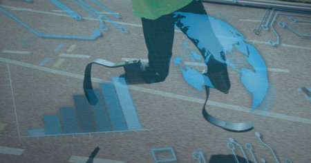 Image of data processing over disabled african american male runner. Global sport and digital...