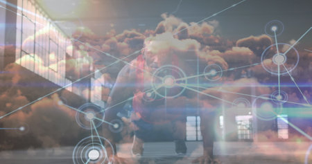 Image of network of connections and sky with clouds over african american man doing push-ups. Global...
