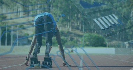 Image of digital data over african american disabled man training with running blade. Sport, disability, durability and technology concept digitally generated image.の写真素材