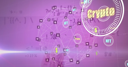 Image of data processing over network of connections. Global connections, computing and digital interface concept digitally generated image.の写真素材