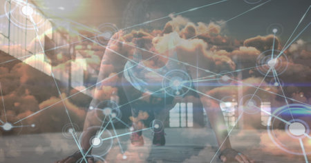 Image of network of connections over woman and man exercising outdoors. Global sports competition and connection concept digitally generated image.の写真素材