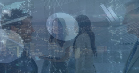 Image of data processing over diverse business people talking. Global business and digital interface concept digitally generated image.の写真素材