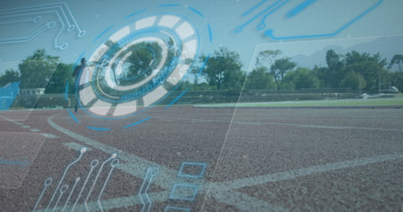 Image of digital interface over african american men with physical disability running. Global sports, digital interface and data processing concept digitally generated image.の写真素材