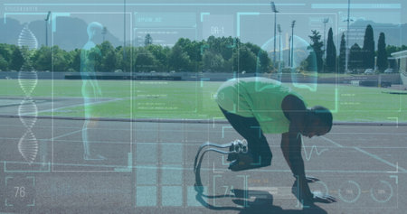 Image of data on digital screen over african american man with running blade training. Sport, active lifestyle with disability and data processing concept digitally generated image.の写真素材