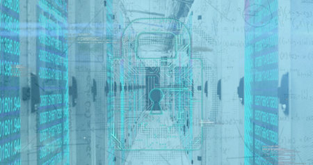 Image of folders and digital padlock over servers. Data processing, network, digital safety and...