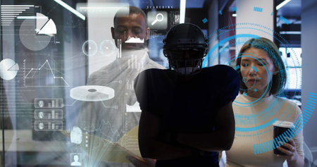 Image of data processing over diverse business people talking and walking. Global business and digital interface concept digitally generated image.の写真素材