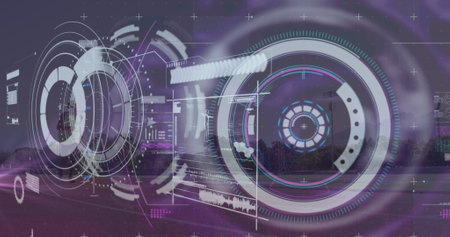 Image of data processing over disabled african american male runner. Global sport and digital interface concept digitally generated image.の写真素材