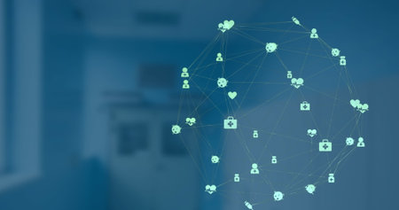 Image of network of connections with icons. Global connections networks and data processing concept digitally generated image.の写真素材