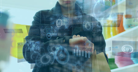 Image of data processing over woman checking smartwatch. Global sport and digital interface concept digitally generated image.の写真素材