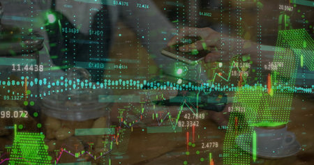 Image of financial data processing over hands of caucasian people using payment terminal. Business, shopping, finance and wireless payments concept digitally generated image.の写真素材