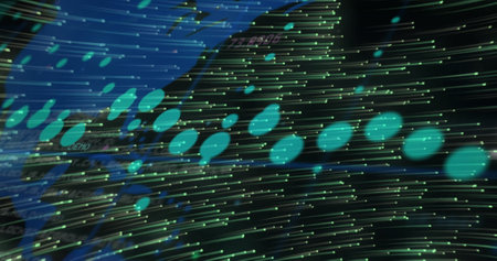 Image of graphs and green lights moving on black background. Connections, network, data processing...