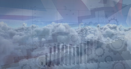 Image of financial graphs and arrows over clouds and great britain flag. Finance, economy, money and...