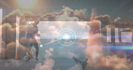 Image of data processing over african american man playing football. Global business and digital interface concept digitally generated image.の写真素材