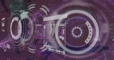 Image of data processing over disabled african american male runner. Global sport and digital interface concept digitally generated image.の写真素材