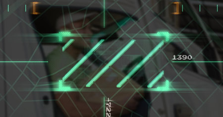 Image of lines and numbers over blurred caucasian man in car. Global delivery services, connections...