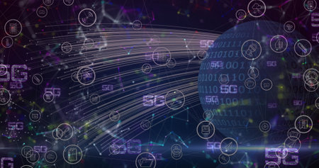Multiple 6g texts and network of connections against globe and light trails on blue background....