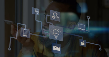 Image of data processing and chemical formula over female scientist. Global business digital interface technology and networking concept digitally generated image.の写真素材