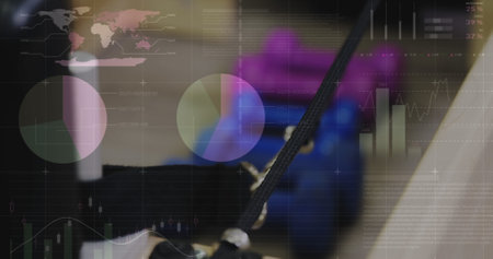 Image of digital interface over gym. Global sports, digital interface and data processing concept digitally generated image.の写真素材