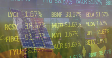 Image of data processing over woman using laptop. Global business and digital interface concept digitally generated image.の写真素材