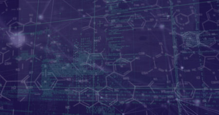 Image of network of connections and chemical structures over data processing on blue background. Global networking and business technology conceptの写真素材