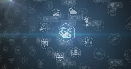 Network of digital icon and speech bubbles with increasing number falling against blue background....