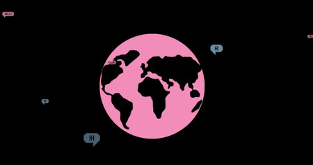 Image of falling hello text over pink globe on dark background. World hello day concept digitally generated image.の写真素材
