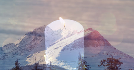 Image of candle over mountains landscape. Nature, harmony and digital interface concept digitally...