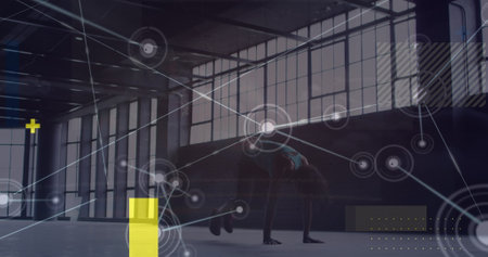 Image of data processing over african american woman exercising. Global business and digital interface concept digitally generated image.の写真素材