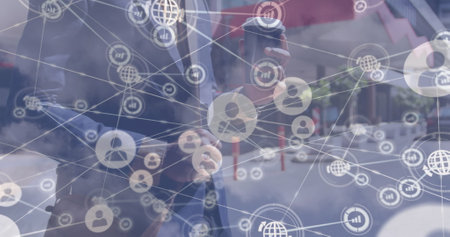 Image of network of connections and sky with clouds over african american busienssman. Global business and digital interface concept digitally generated image.の写真素材