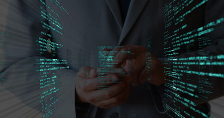 Composition of text with network of connections over data processing on black background. Global business digital interface technology and networking concept digitally generated image.の写真素材