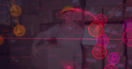 Image of network of connections over cityscape. Global business and digital interface concept...