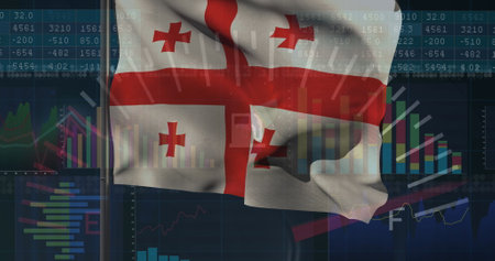 Image of georgia flag over statistical data processing against blue background. Global finance and business technology conceptの写真素材