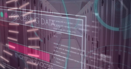 5g text, round scanners and data processing against empty computer server room. Business and cloud data storage technology conceptの写真素材